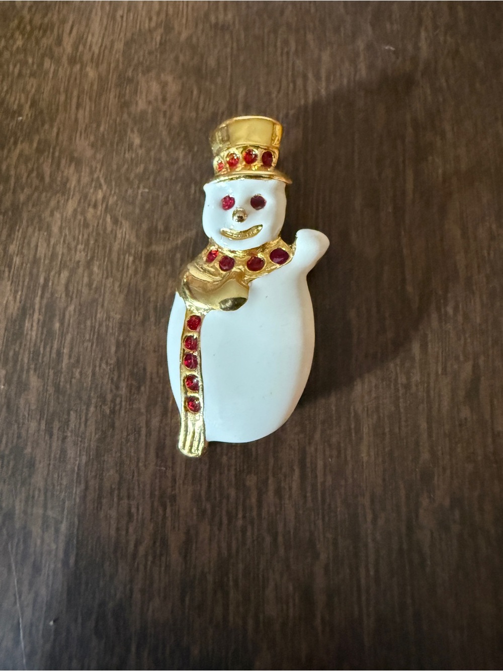 AAi Waving CHRISTMAS SNOWMAN Red Rhinestones White Enamel Gold Tone Brooch Pin